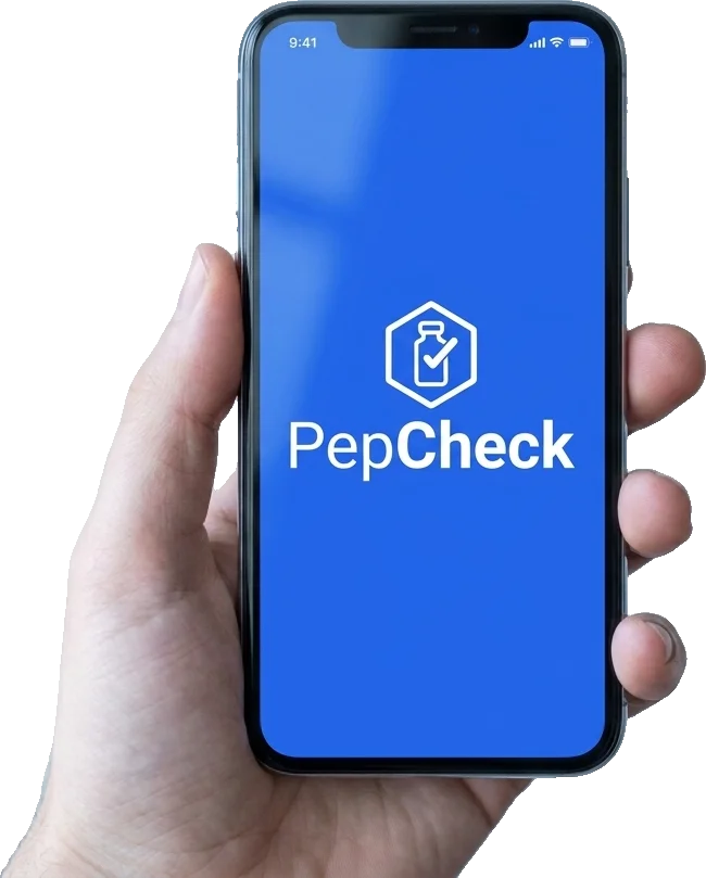 A hand holding a phone showing the PepCheck launch screen