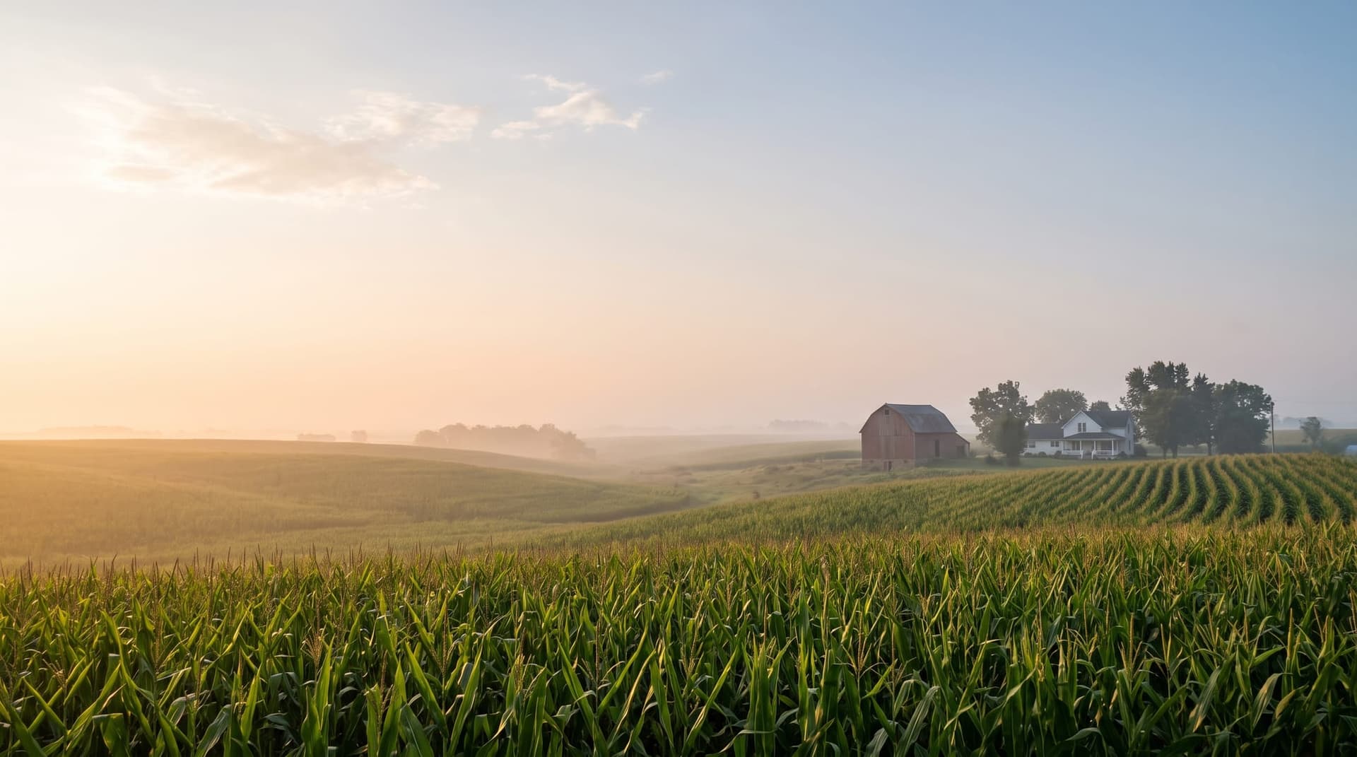 Iowa cornfields at sunrise, with a red barn and white farmhouse in the morning haze.